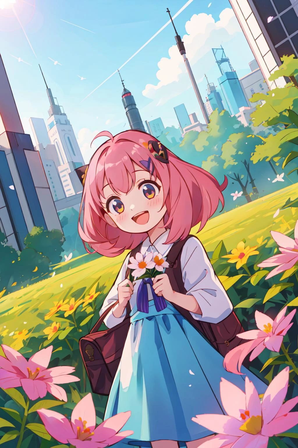 1girl, solo, (Anya\(SPYXFamily\)), cute, smile, :d, dynamic angle, outdoors, flower, <lora:Karakter - Anya:0.7>