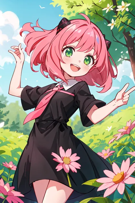 1girl, solo, (Anya\(SPYXFamily\)), green eyes, medium hair, black dress, pink hair, cute, smile, :d, dynamic angle, outdoors, flower, <lora:Karakter - Anya:0.7>