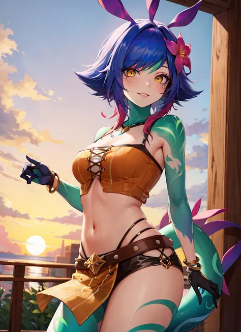 best illustration, illustration, vibrant colors, masterpiece, best quality, absurdities, 1girl, beautiful face, detailed eyes, looking at viewer, contrapposto, sexy, standing, full body, neeko, facial marks, hair ornaments, flower hair, necklace, lizard tail, multicolored skin, body paint, black micro bikini, walking in public, embarrassed, red with embarrassment, panting, smiling, in public