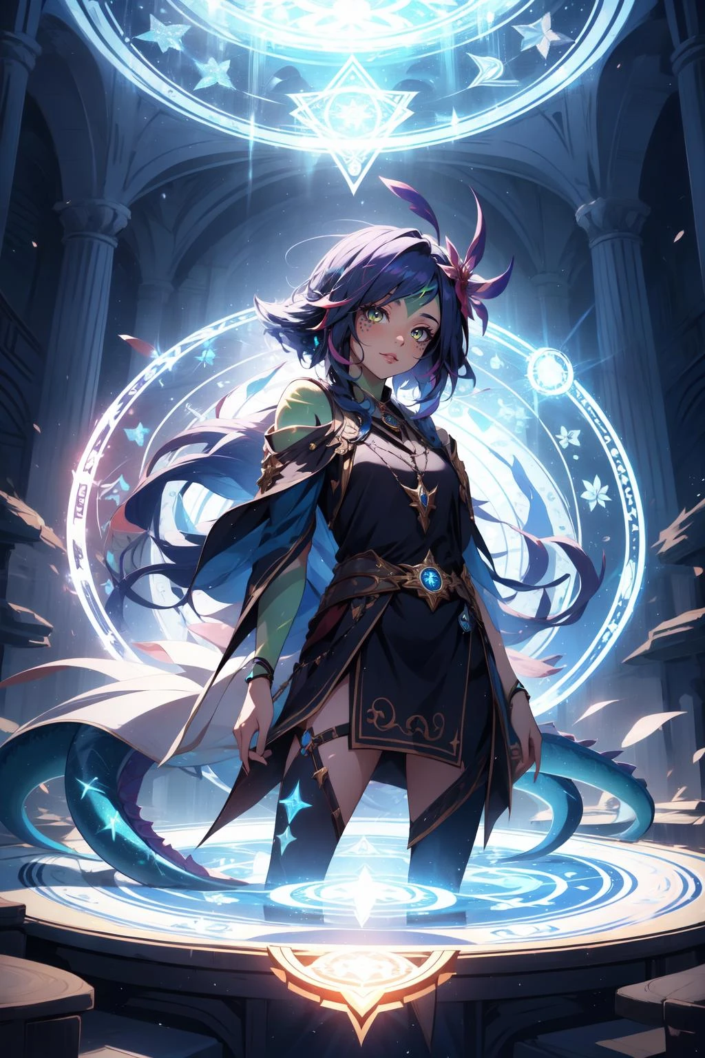 (masterpiece, best quality),  intricate details,
1girl,   <lora:neeko-10:0.8> neeko, green skin, monster girl, lizard tail,
 <lora:magic circle_v2.0:0.45> magic circle, indoors, cultist robes, dark magic,