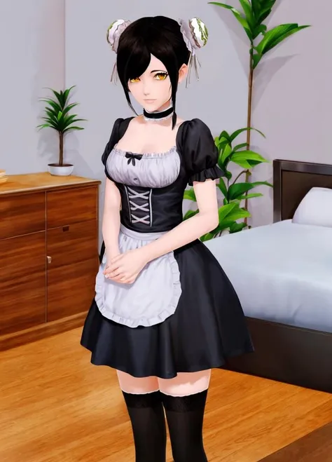 Harem_Hotel_Lin, 1girl, solo, looking at viewer, short hair, black hair, thighhighs, cleavage, medium breasts, yellow eyes, choker, hair bun, hair over one eye, apron, white thighhighs, zettai ryouiki, maid, double bun, bed, own hands together, plant, waist apron, bun cover, potted plant, <lora:Harem_Hotel_Lin-03:0.8>,