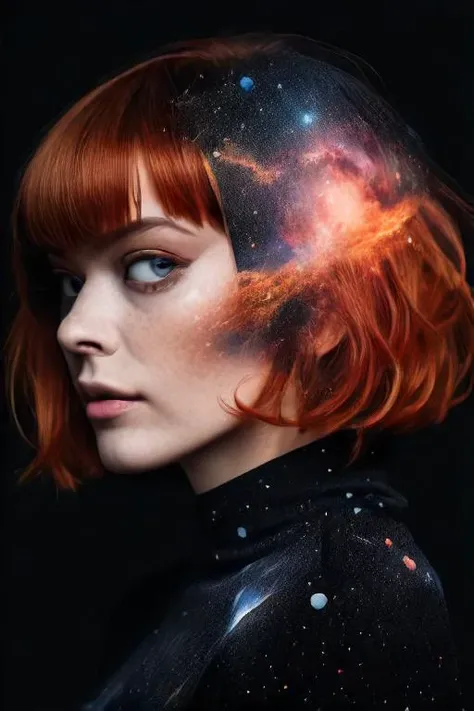 (double exposure:1.3), a beautiful woman, space galaxy, black background <lora:Double_Exposure:1>, bob cut, golden_red_hair, bangs,