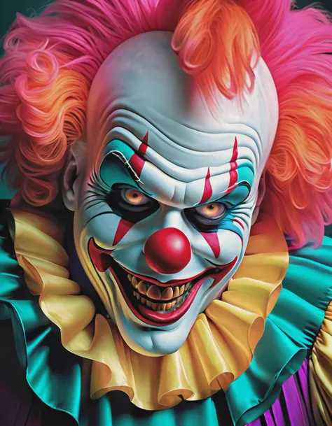 Hyperrealistic colorful dead clown, intricate, elegant, highly detailed, digital painting, artstation, concept art, sharp focus, illustration, vibrant colors, art by Greg rutkowski, (photography by Hendrik Kerstens)