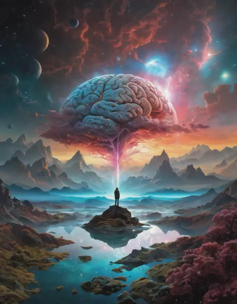 A brain absorbing the entire cosmos, cinematic landscape, by Jacek Yurka, Kelly Freas, Filip Hodas, Paul Lehr, Dan Mumford, Max Ernst, Roger Dean, Caspar David Friedrich, Barclay Shaw, Jeffrey Smith, Dan McPharlin, best, pure, ambient, creative, positive, attractive, detailed, shiny, gorgeous film photography style, light grain, medium grain, heavy grain, <lora:FILM_PHOTOGRAPHY_STYLE:0.5> <lora:bl4ckl1ghtxl:0.5> bl4ckl1ghtxl <lora:add-detail-xl:0.7>
