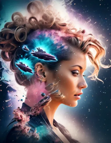 <lora:Double_Exposure:1> double exposure, seductive woman with updo hair, galaxy and space ships battling, (paint splash, outrun, cell shaded,:1.4) (masterpiece:1.2), best quality, (hyperdetailed, highest detailed:1.2), high resolution textures