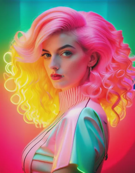 grand photograph, Polaroid, young school girl, skirt, crop top, neon glowing hair, canon 5d mark 4, neon light, kodak ektar, feminate, (vibrant) pastel colors, curved lines, elaborate detail, (photography by Hendrik Kerstens), elegant, highly detailed, sharp focus, intricate, still