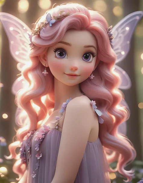 full body shot of (a stunning fairy) with {pink and purple} hair and with cute face, beautiful innocent eyes, delicate wings, (fairy forest bokeh), perfect composition, hyperrealistic, super detailed, 8k, high quality, trending art, trending on artstation, sharp focus, studio photo, intricate details, highly detailed, by greg rutkowski