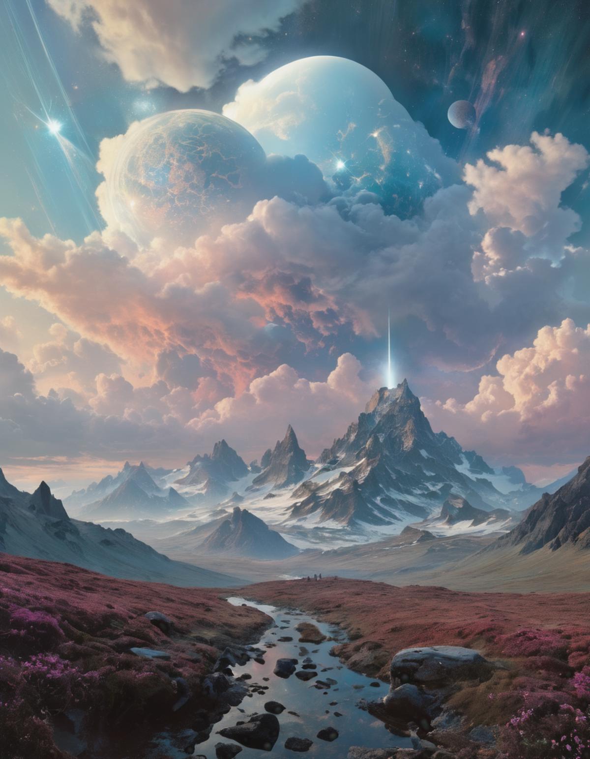 A painting of a mountain with a stream running through it - SeaArt AI