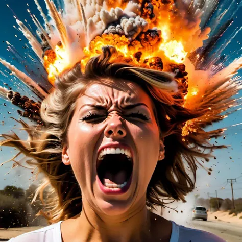 a close up portrait of a woman her head explodes <lora:explosion Artstyle - Trigger is Explosion Artstyle:1> explosion artstyle