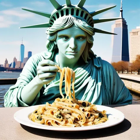 statue of liberty eating pasta