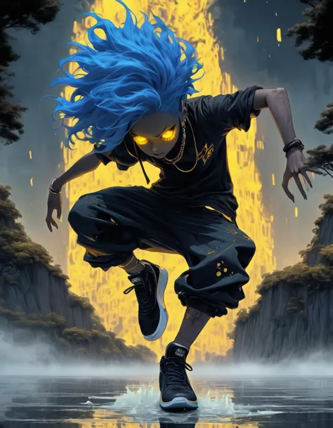 (establishing shot:1.5), (bilaterally symmetrical:1.5),(extremely detailed CG unity 16k wallpaper:1.3),(trembling picture,break free,burn with passion,humanoid beast,rough lines,:1.3) (nonrepresentational art,vivid color, wide angle, visual kei,very rough strip:1.3), style of decadent illustrations,meiji art, pixelated chaos,lith printing, ultra high res, horror thehe,scary, (blue hair,glowing golden yellow eyes,hip hop dancer,cold,deep dark fantsy:1.5),background, scenery, ink, mountains, water, trees ,