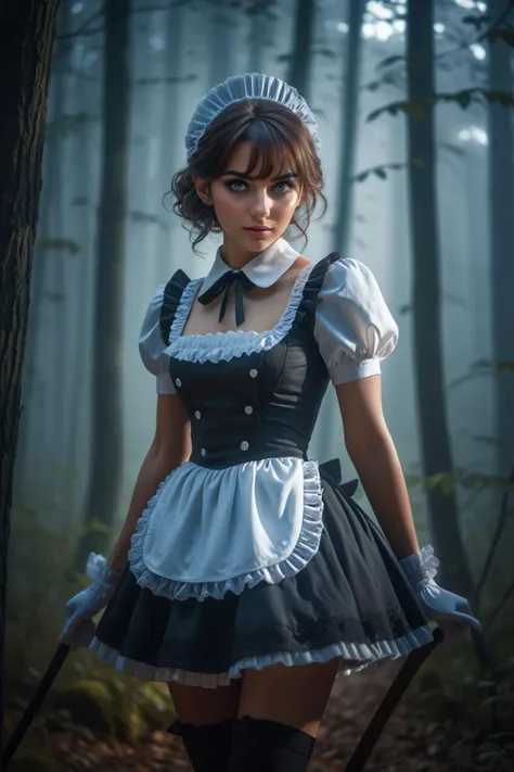 (solo, full body photo:1.3), (action packed:1.3), (haze, fog, mist:1.3), chiaroscuro, <lora:DDR_Fashion:0.3>, AnalogRedmAF <lora:AnalogRedmondV2-Analog-AnalogRedmAF:0.1> 1woman, (nsfw:1.2), whole body, woman standing up, boots, french maid, straight, (maid uniform:1.2), short skirt a lonely woman in a deep old magical forest, light sparkling eyes, shot messy hair, intricate clothes, legs (seductive pose:1.6), <lora:PAseer-SD15-LCM Quick:1>, (moody lighting:1.1), absurdres, [perfect shadows and lighting], detailed background, incredible high-key lighting, masterpiece, high quality, detailed, extremely detailed, ambient soft lighting, 4K, <lora:add-detail-xl:1> <lora:DetailedEyes_V3:1>, perfect eyes <lora:perfect-eyes:0.3>