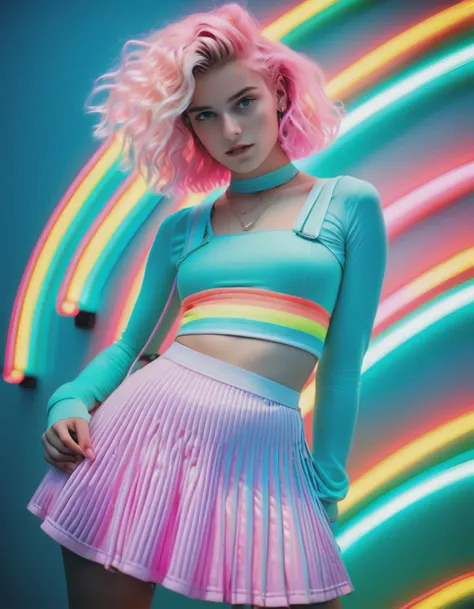 grand photograph, Polaroid, young school girl, skirt, crop top, neon glowing hair, canon 5d mark 4, neon light, kodak ektar, feminate, (vibrant) pastel colors, curved lines, elaborate detail, (photography by Hendrik Kerstens), elegant, highly detailed, sharp focus, intricate, still