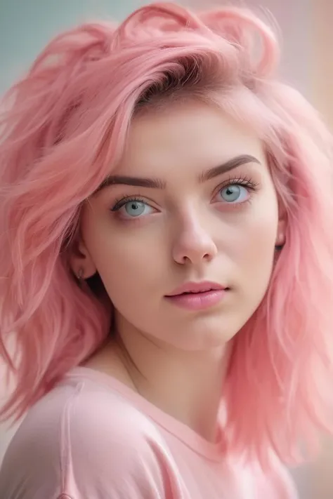 A portrait of a (youthful muse:1.3), (vivid pink tresses:1.2), piercing gaze, soft light accentuating delicate features, subtle (smirk of curiosity:1.1), pastel backdrop, high resolution, depth of field, Nikon D850, 1/125s, f/2.8, ISO 100, minimalist yet striking, emotional depth, spontaneous charm, (effervescent personality:1.1) captured, raw emotion, authentic expression, digital photography, portrait perfection, eye-level angle, tranquil aura,