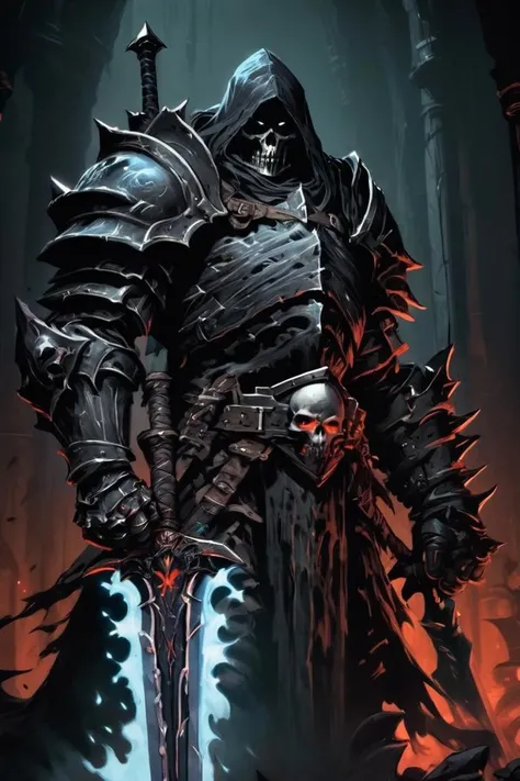 evil death knight, fully armored, holding glowing black sword, perfect anatomy, Shoulder Portrait, dungeon background, masterpiece, best quality, darkest dungeon, shadowverse, artgerm, greg ruktowski,