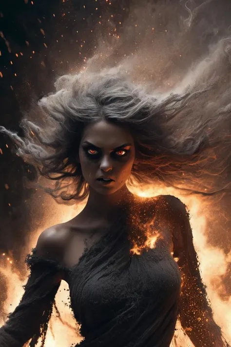 illustration by Bastien L. Deharme, dark fantasy art an image consisting entirely of flying particles of ash and ash depicting a luxury beautiful demoness with burning eyes developing flying long high messy silk hair, she dressed in a air dress completely woven from particles of ash and fire engaged in telekinesis, (her skin is covered with large particles of ash and small particles of fire), angry look, stunning, beautiful, flying particles:1.7, dark shot:1.17, sharp focus, mystery, clear face,