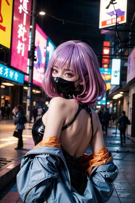 <lora:YD_LUNA:0.8>, YD_luna, (mask), (pink hair, medium hair, multicolored_hair), large breasts, cleavage, cleavage cutout, blue jacket, open jacket, off shoulder,black leotard, black stockings, legs, upper body, standing, (cowboy shot),(masterpiece, high quality, best quality), (colorful),(delicate eyes and face), volumatic light, ray tracing, extremely detailed CG unity 8k wallpaper,solo, ((flying petal)), outdoors, (cyberpunk), neon trim, cityscape, (night)