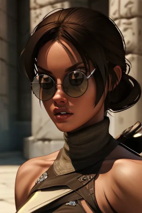 <lora:lara_croftV2:0.6> lara_croft, standing, solo, brown_eyes, sunglasses, china_dress, portrait,, masterpiece, best quality, detailed face, detailed eyes, highres,