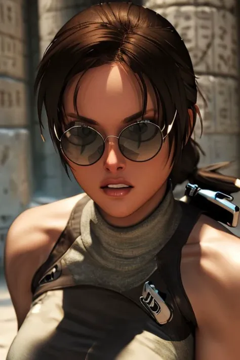 <lora:lara_croftV2:0.6> lara_croft, standing, solo, brown_eyes, sunglasses, china_dress, portrait,, masterpiece, best quality, thigh_holster, shoulder_holster,fingerless_gloves, detailed face, detailed eyes, highres, lighting, medium breasts, slim waist, focus body, masterpiece, best quality, detailed face, detailed eyes, highres