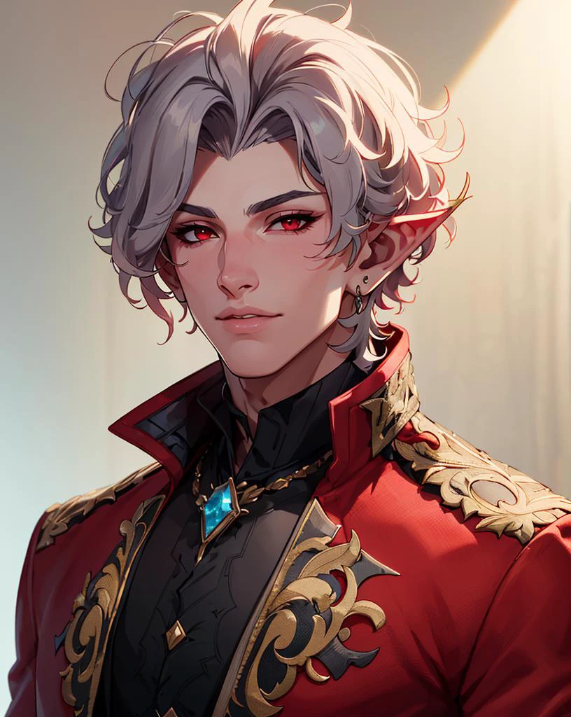 (1boy), solo, portrait of astarion,red eyes,  mature male,<lora:Char_bg3-Astarion:2>, ((red:1.2 jacket)),  ((embroidered coat)), black shirt, brooch,[pointy ears], grandeur, inspiring, masterpiece, best quality