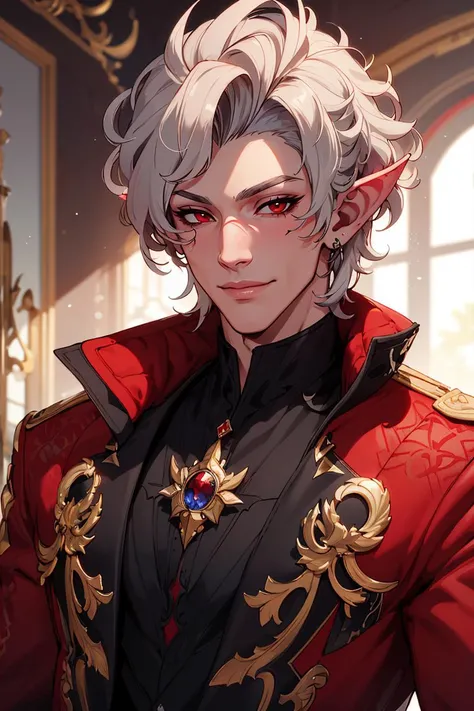 (1boy), solo, portrait of astarion,red eyes,  mature male,<lora:Char_bg3-Astarion:2>, ((red:1.2 jacket)),  ((embroidered coat)), high collar, black shirt, brooch,[pointy ears], grandeur, inspiring, masterpiece, best quality