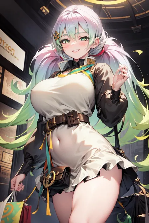 masterpiece, best quality, absurdres, perfect anatomy, 1girl, solo, Cupitan, long hair, low twintails, rainbow hair, high-waist skirt, long skirt, white skirt, black shirt, long sleeves, smile, standing, indoors, shopping mall, large breasts, curvy
