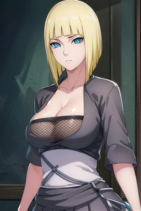 samui, <lora:samui-lora-nochekaiser:1>, 
samui, blue eyes, blonde hair, short hair, bangs, blunt bangs,
BREAK cleavage, fishnets, dress, grey dress, skirt, grey skirt,
BREAK cowboy shot, looking at viewer, 
BREAK indoors,
BREAK <lyco:GoodHands-beta2:1>, (masterpiece:1.2), best quality, high resolution, unity 8k wallpaper, (illustration:0.8), (beautiful detailed eyes:1.6), extremely detailed face, perfect lighting, extremely detailed CG, (perfect hands, perfect anatomy),