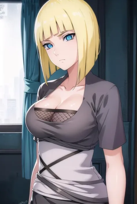 samui, <lora:samui-lora-nochekaiser:1>, 
samui, blue eyes, blonde hair, short hair, bangs, blunt bangs,
BREAK cleavage, fishnets, dress, grey dress, skirt, grey skirt,
BREAK cowboy shot, looking at viewer, 
BREAK indoors,
BREAK <lyco:GoodHands-beta2:1>, (masterpiece:1.2), best quality, high resolution, unity 8k wallpaper, (illustration:0.8), (beautiful detailed eyes:1.6), extremely detailed face, perfect lighting, extremely detailed CG, (perfect hands, perfect anatomy),