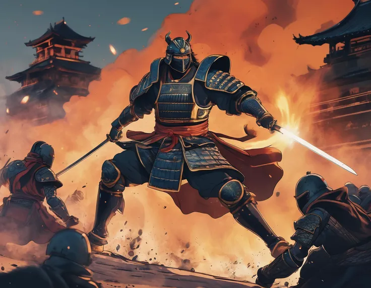cartoon, extreme close-up of a samurai wearing futuristic samurai attire fighting in an epic battle scene against black armored androids, explosions in the background, low light, designed by moebius, flat 2d