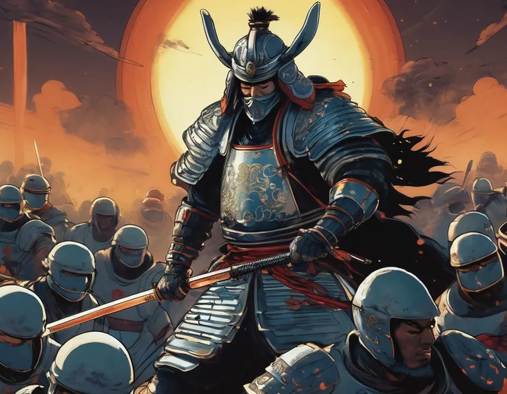 cartoon, extreme close-up of a samurai wearing futuristic samurai attire fighting in an epic battle scene against black armored androids, explosions in the background, low light, designed by moebius, flat 2d