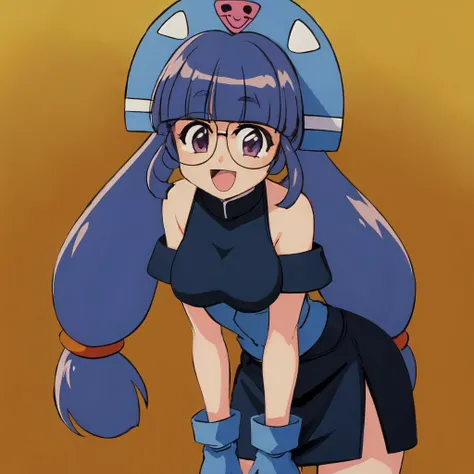 (masterpiece), (best quality), gluko_moncolle, 1girl, solo, breasts, looking at viewer, blue headwear, smile, open mouth, blue gloves, hat, bare shoulders, twintails, :d, cowboy shot, outdoors, glasses, skirt, blunt bangs, leaning forward, orange background <lora:gluko_moncolleknights:1>