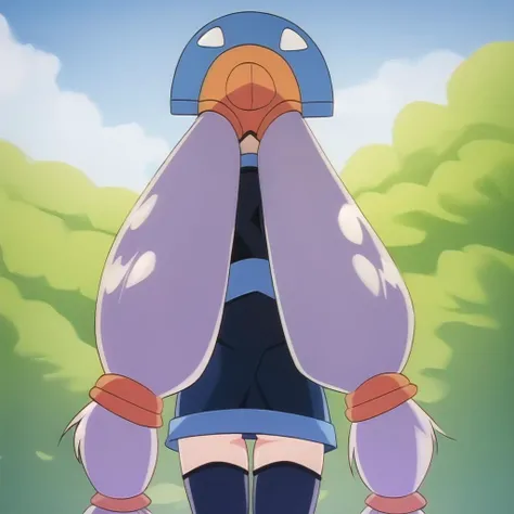 (masterpiece), (best quality), gluko_moncolle, 1girl, solo, orange helmet, long sleeves, blue headwear, twintails, standing, zettai ryouiki, low-tied long hair, outdoors, from behind, facing away <lora:gluko_moncolleknights:1>