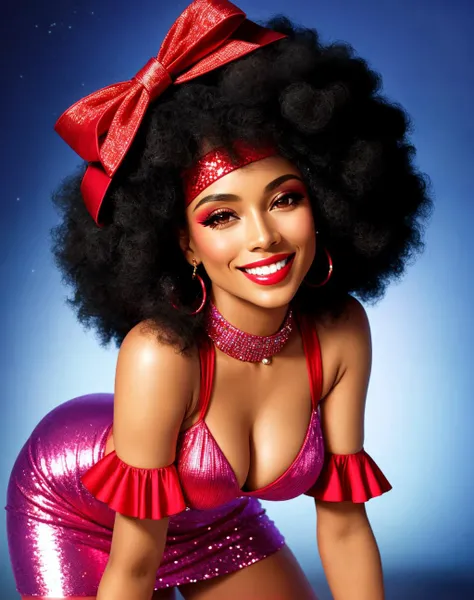 4K, Masterpiece, highres, absurdres, smiling,beautiful Foxy70, a woman in a shiny sparkling disco dress and red headband ,wearing Foxy70, afro black hair <lora:Foxy70:0.65>