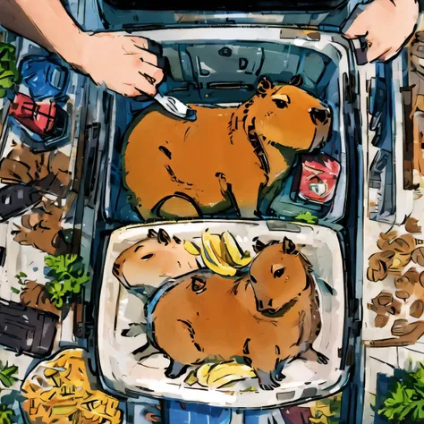 <lora:add_brightness:0.5><lora:add_detail:0.5><lora:add_saturation:0.4><lora:capi:0.8> <lora:Mukbang:0.7><lora:18.37:1.1>multiple capybara, Mukbang, from above,