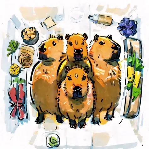 <lora:add_brightness:0.5><lora:add_detail:0.5><lora:add_saturation:0.4><lora:capi:0.8> <lora:Mukbang:0.7><lora:18.37:1.1>multiple capybara, Mukbang, from above,