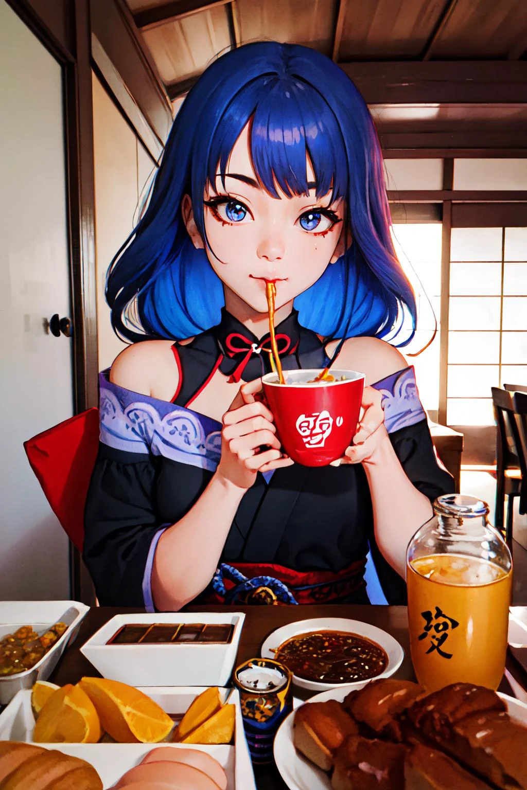 Highly detailed, High Quality, Masterpiece, beautiful, Mukbang, <lora:Mukbang:0.55>, solo, 1girl, Raiden_Shogun_\(genshin impact\), Raiden_Shogun:1.2, blue hair, long hair, <lora:Char_GenshinImpact_RaidenShogun:0.8>