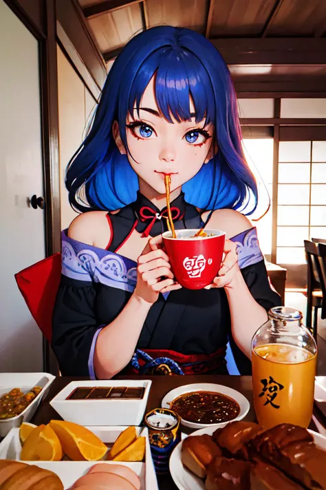 Highly detailed, High Quality, Masterpiece, beautiful, Mukbang, <lora:Mukbang:0.55>, solo, 1girl, Raiden_Shogun_\(genshin impact\), Raiden_Shogun:1.2, blue hair, long hair, <lora:Char_GenshinImpact_RaidenShogun:0.8>