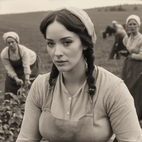christina_hendricks,<lora:ChristinaHendricksXL:1.0>, historical photograph of a woman, doing farm work at a communal farm, close up, other women working in background, looking at camera