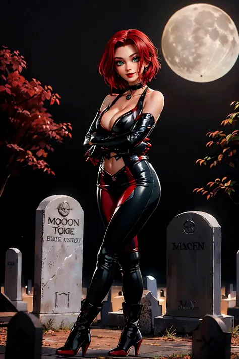BloodRayne, short red hair, green eyes, gloves, choker, elbow gloves, makeup, red lipstick,corset,cleavage, pants, boots, heels, looking at viewer, serious, smiling, full body shot,
standing, arms crossed, outside, graveyard, tombstone, night time, moon, high quality, masterpiece, <lora:BloodRayne:.7>