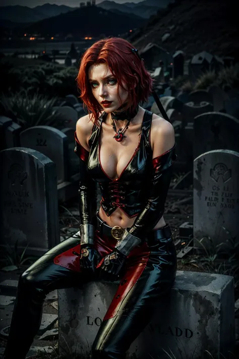 (masterpiece, best quality)
BloodRayne, 1girl, red hair, gloves, solo, short hair, choker, elbow gloves, makeup, looking at viewer, lipstick, red lips, fingerless gloves, realistic, green eyes, belt, graveyard, sitting on tombstone, at night, dark, moonshine
<lora:epi_noiseoffset2:1> <lora:add_detail:0.7> <lora:BloodRayne:0.8>
