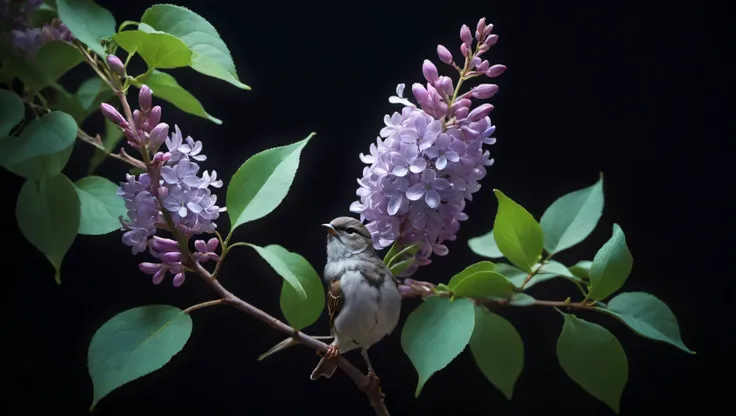 black background,(photograph of translucent glass soft violet lilacs on a stem with leaves), a perching sparrow leans forward on stem,ethereal,neon,soft light,strong shadows,fujifilm xt3,only fill a the right side of the image following the rule of thirds, background, wallpaper, <lora:novaPrimeXL_v10:0.8>, <lora:chao style:0.7>, colorful, chao style, <lora:sdxl_photorealistic_slider_v1:2>,