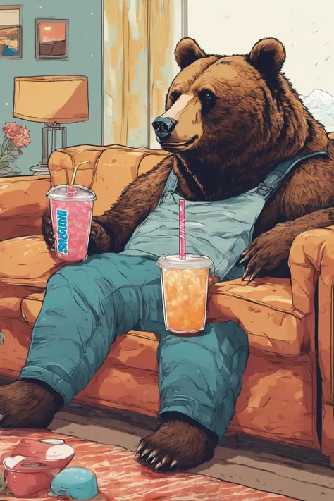 a bear sitting on a couch watching tv, drinking a slurpee <lora:sdxl_photorealistic_slider_v1:0>