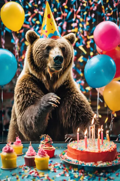 a bear having a birthday party at a roller rink, about to blow out candles, balloons around<lora:sdxl_photorealistic_slider_v1:5>