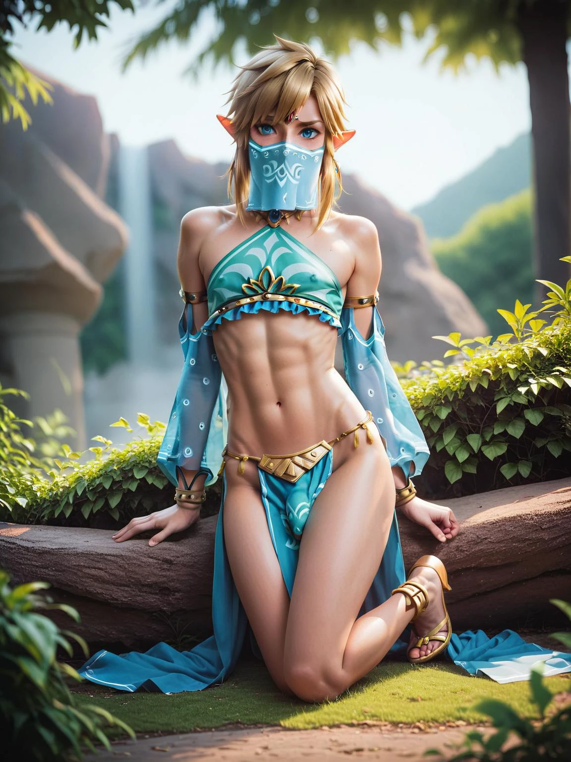 score_9,score_8_up,score_7_up,score_6_up,analog photo,ziprealism,masterpiece,best quality,uncensored,full body,realistic,1boy,link,gerudo set \(zelda\),flat chest,crop top,pelvic curtain,crossdressing,otoko no ko,mouth veil,<lora:RMSDXL_Photo:2.5>,<lora:RMSDXL_Enhance:2.5>,<lora:Photo Style LoRA XL:0.6>,<lora:sdxl_photorealistic_slider_v1-0:4>,rating explicit,more realistic,