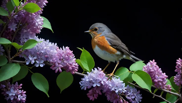 (black background),(photograph of translucent glass soft violet (lilacs) a stem with leaves),a perching robin,ethereal,neon,rule of thirds,golden ratio,background, wallpaper, <lora:novaPrimeXL_v10:0.8>, <lora:chao style:0.7>, colorful, chao style, <lora:sdxl_photorealistic_slider_v1:2>,
