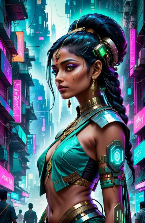 Goddess of Cybermont , Digital compositing and CGI rendering
, Neon streets of a futuristic city , Neon lights and high tech projections reflecting each other , Vibrant blues, pinks, and greens against the colors of traditional Indian décor , Mysterious glamour meets techno-power , In the foreground is this beautiful Indian woman dressed in a fusion of traditional and futuristic attire with a hazy cyberpunk cityscape in the background <lora:sdxl_cyberpunk:0.7> <lora:bunnyfishnet_SDXL_reg1_:0.2> <lora:sdxl_photorealistic_slider_v1:1> <lora:add-detail-xl:0.4> <lora:xl_more_art-full_v1:0.4>
and
(Interlaced Detail:1.1), Science, Pure Background