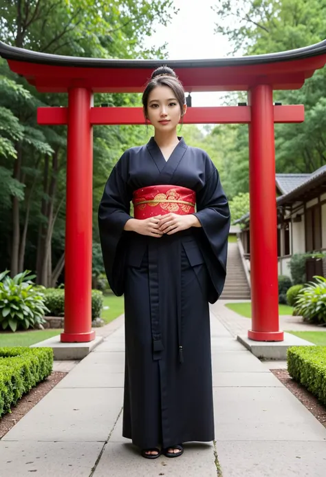 score_9, score_8_up, score_7_up,  1girl (medium full shot) of (refined young woman:1.1) japanese geisha, black hair, hairbun,  brown eyes, curvy,             (wearing a stunning tomesode kimono with formal black silk and subtle designs, adorned with auspicious symbols and motifs), elaborate red and black kumadori makeup with bold lines and vibrant colors applied to the eyes and cheeks, silk obi sash with intricate embroidery and tassel fringe, wrapped around the waist and tied in a decorative knot, scared, have to pee, set in Edo era, in a  Shrine Courtyard, Serene outdoor space with stone pathways, towering torii gates, sacred statues nestled among trees, fluttering prayer flags, serene pond with koi fish , at sunset ,Masterpiece,best quality, photorealistic, amazing quality, very aesthetic, extremely detailed face,