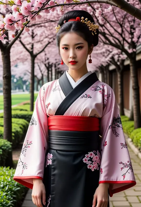 score_9, score_8_up, score_7_up,  1girl (medium full shot) of (captivating young woman:1.1) chinese geisha, black hair, hairbun,  brown eyes, curvy,             (wearing a stunning tomesode kimono with formal black silk and subtle designs, adorned with auspicious symbols and motifs), elaborate red beni lipstick, lacquer kago basket with bamboo and rattan carried on her arm, angry, jumping, set in Edo era, in a  Cherry Blossom Grove, Serene grove with delicate pink blossoms fluttering in the breeze, a carpet of petals covering the ground, wooden benches beneath the trees, sweet scent of sakura filling the air, view of distant mountains rising against the sky , at night ,Masterpiece,best quality, photorealistic, amazing quality, very aesthetic, extremely detailed face,