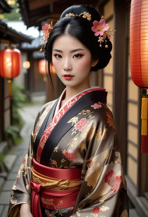 ((fashion photography)), perfect face, perfect eyes, (medium full shot) of  (graceful geisha) korean young woman, slender, black hair, straight hair,  brown eyes, (wearing a stunning silk kimono with intricate patterns and vibrant colors, adorned with embroidered motifs and floral designs, draped elegantly over the shoulders and tied with an obi sash), elaborate gold and silver hikimayu eyebrow makeup with metallic pigments and glue, ornate kanzashi hairpins with lacquer and precious metals, adorned with seasonal flowers and symbolic motifs, set in Edo era, in a  Village Street, Narrow path lined with traditional wooden houses, paper lanterns hanging from eaves, wooden benches, small stone shrines tucked in corners , at night, surprised, open mouth, pointing her finger at the viewer, masterpiece, best quality, photorealistic, very aesthetic