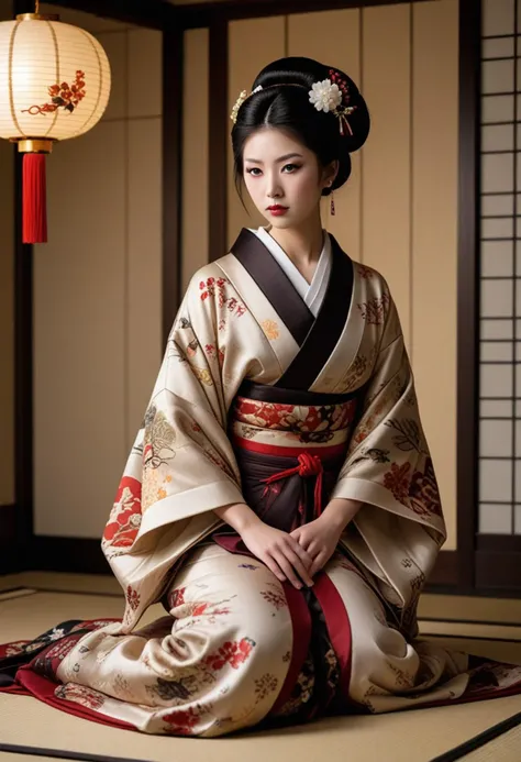 ((fashion photography)), perfect face, perfect eyes, (medium full shot) of  (elegant geisha) japanese young woman, busty, black hair, hime haircut, dark brown eyes, (wearing a stunning houmongi kimono with semi-formal silk and elaborate designs, adorned with seasonal motifs and traditional patterns), elaborate white oshiroi foundation on face and neck, smooth and porcelain-like complexion makeup, silk obi sash with intricate embroidery and tassel fringe, wrapped around the waist and tied in a decorative knot, set in Edo era, in a  Bedroom, Futon mattress on tatami flooring, sliding paper doors, low wooden chest for storage, small wooden vanity with a mirror, decorative paper lantern hanging from the ceiling , at night, surprised, open mouth, running toward the viewer, masterpiece, best quality, photorealistic, very aesthetic